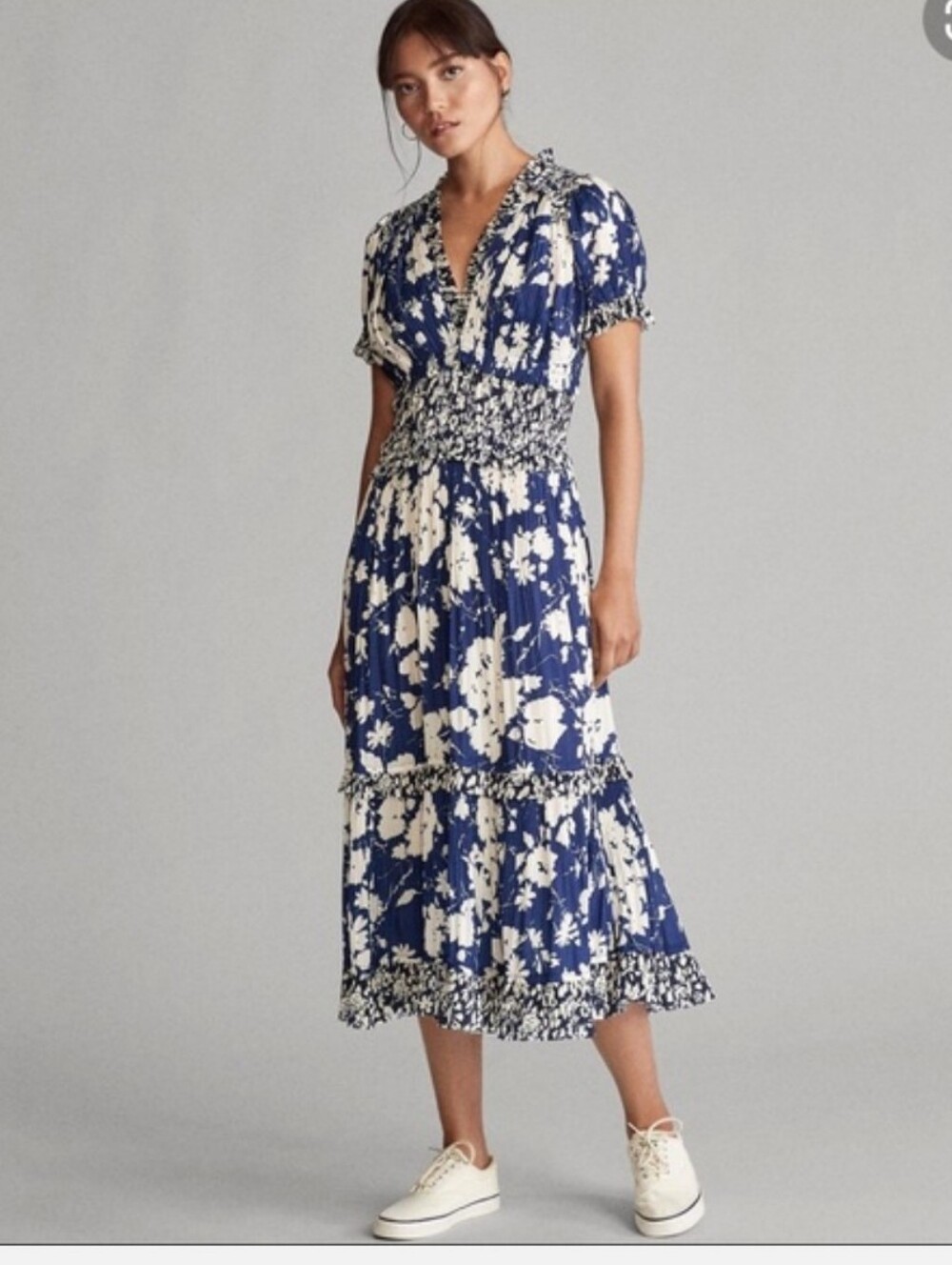Polo Ralph Lauren Satin Pleated Floral Blue Midi Dress Size 10 - Picture 2 of 10